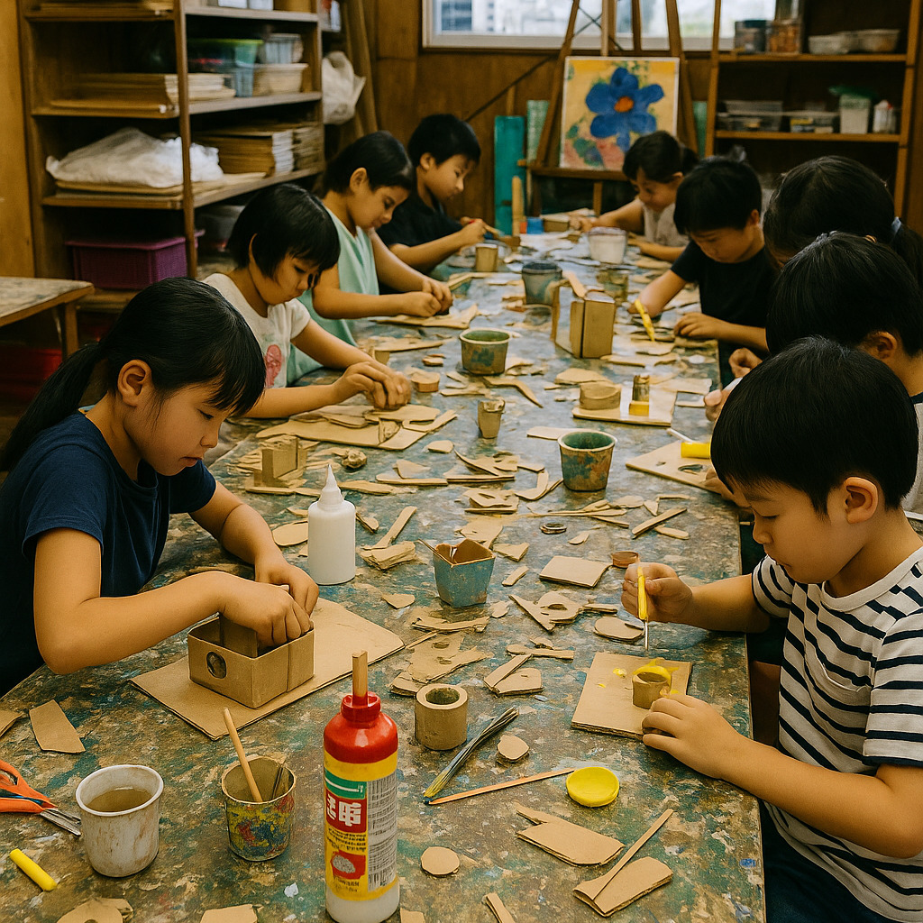 自分の作品をいきいきと発表し創造性を表現する小学生